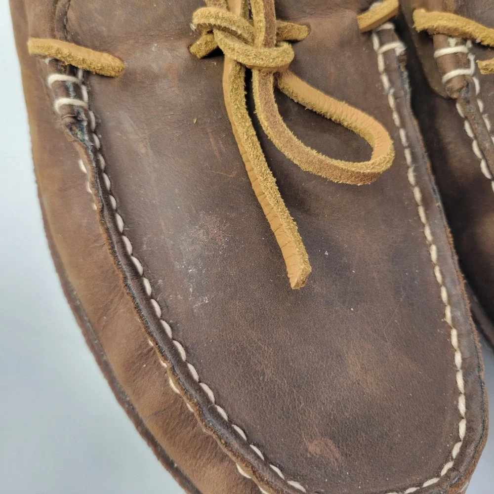 LL Bean Mens Brown‎ Leather Moccasin Slippers Cozy Plaid Lined Size 9